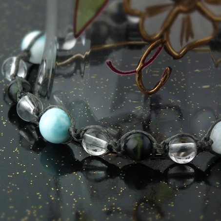 ラリマー×ブルータイガーアイ×水晶 天然石 編み込みブレスレット