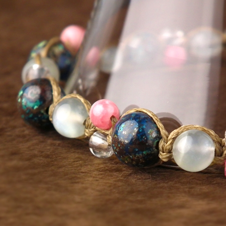 ムーンストーン×クリソコラ×インカローズ×水晶 天然石 編み込みブレスレット