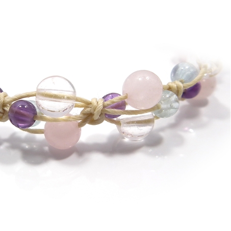ローズクォーツ×アクアマリン×アメジスト×水晶 天然石 編み込みブレスレット