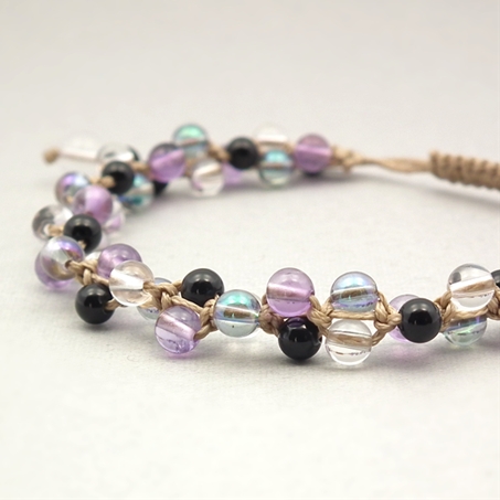 ラベンダーアメジスト×オニキス×水晶×ミルキークォーツ×オーラクォーツ 天然石 編み込みブレスレット