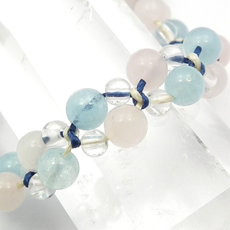 アクアマリン×ローズクォーツ×水晶 天然石 編み込みブレスレット