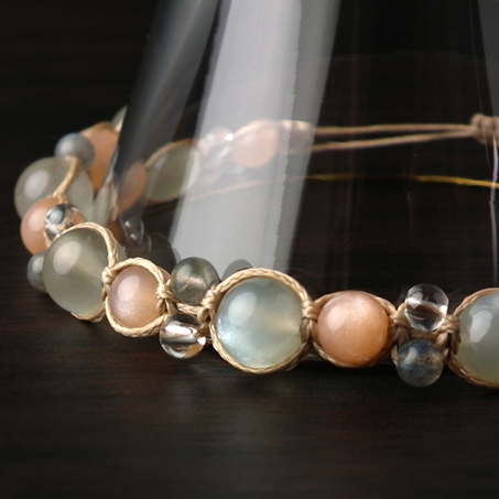 ムーンストーン×オレンジムーンストーン×ラブラドライト×水晶 天然石 編み込みブレスレット