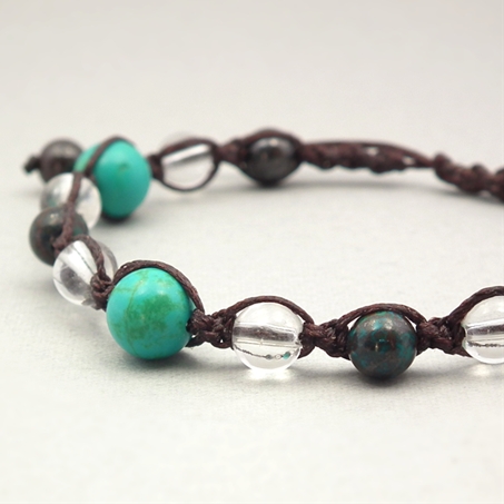 ターコイズ×クリソコラ×水晶 天然石 編み込みブレスレット