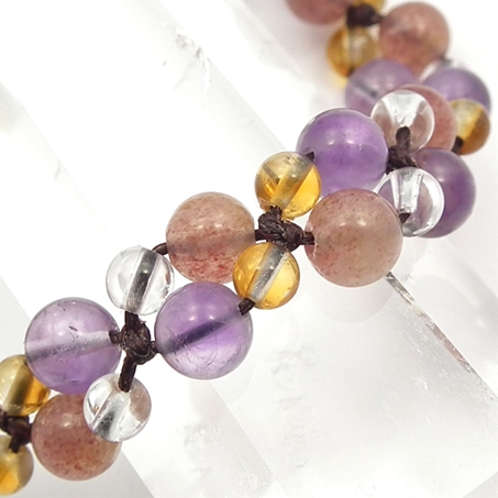 アフリカンストロベリークォーツ×ラベンダーアメジスト×シトリン×水晶 天然石 編み込みブレスレット