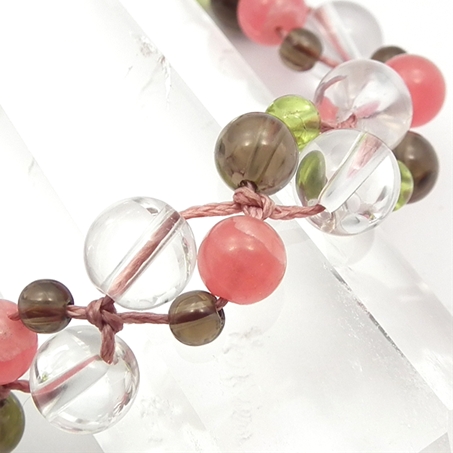 インカローズ×スモーキークォーツ×ペリドット×水晶 天然石 編み込みブレスレット