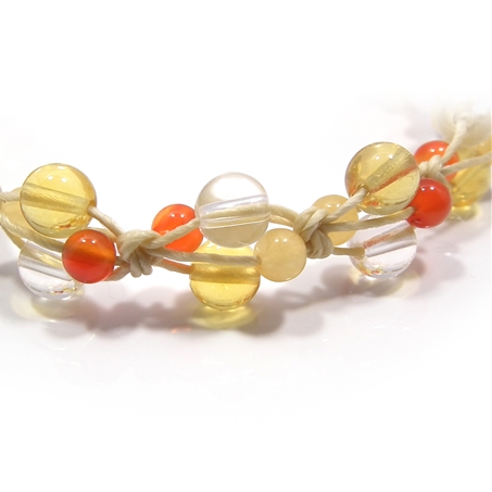 イエローフローライト×カーネリアン×アラゴナイト×水晶 天然石 編み込みブレスレット