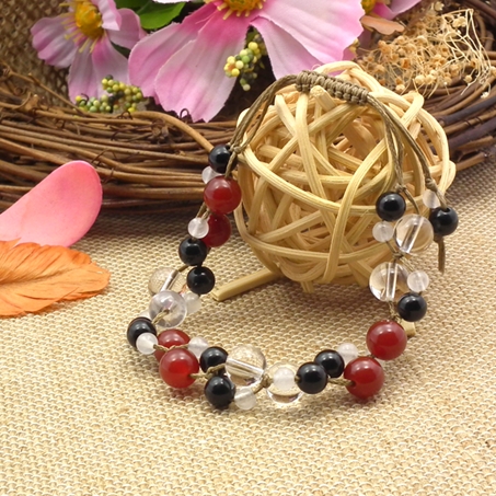 レッドアゲート×オニキス×ホワイトアゲート×水晶 天然石 編み込みブレスレット
