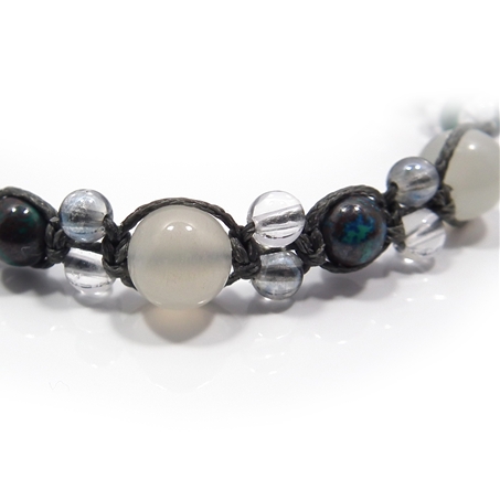 シルバームーンストーン×クリソコラ×水晶×オーラクォーツ 天然石 編み込みブレスレット