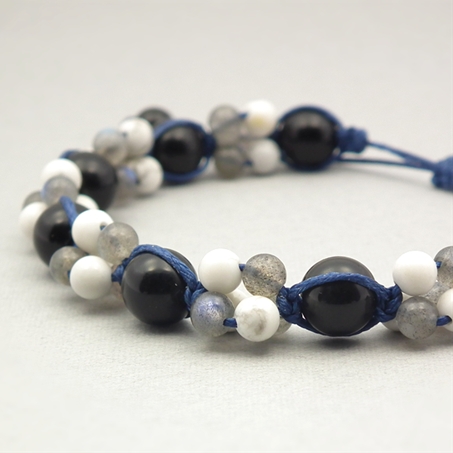 オブシディアン×ハウライト×ラブラドライト 天然石 編み込みブレスレット