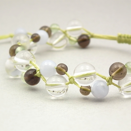 ブルーレースアゲート×スモーキークォーツ×プレナイト×水晶 天然石 編み込みブレスレット