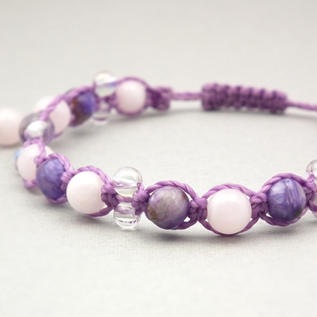 チャロアイト×ピンクカルサイト×水晶×オーラクォーツ 天然石 編み込みブレスレット