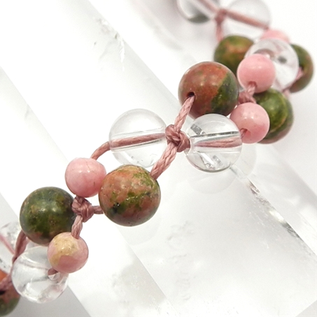 ユナカイト×インカローズ×水晶 天然石 編み込みブレスレット
