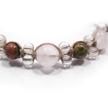 ユナカイト×ローズクォーツ×水晶×オーラクォーツ 天然石 編み込みブレスレット