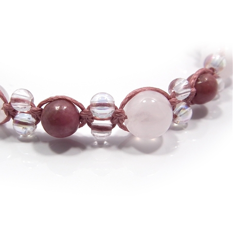 ロードナイト×ローズクォーツ×水晶×オーラクォーツ 天然石 編み込みブレスレット