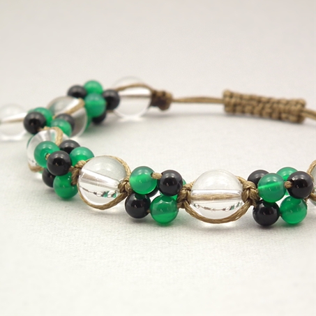 グリーンアゲート×オニキス×水晶 天然石 編み込みブレスレット
