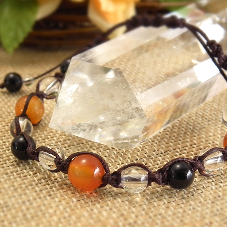 カーネリアン×オニキス×水晶 天然石 編み込みブレスレット
