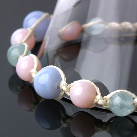 ピンクオパール×ブルーレースアゲート×アクアマリン 天然石 編み込みブレスレット