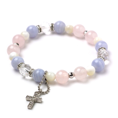 ブルーレースアゲート×マザーオブパール×ローズクォーツ 天然石 ブレスレット