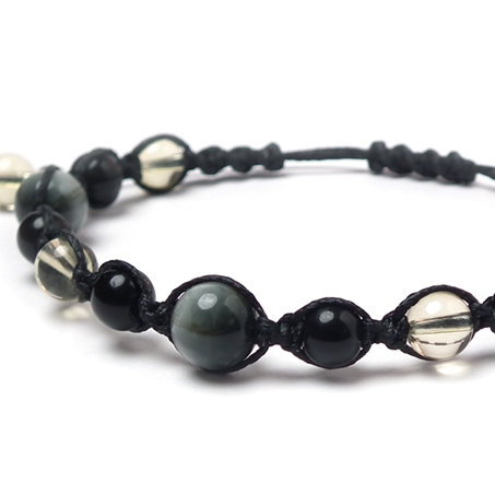 イーグルアイ×レモンクォーツ×オブシディアン 天然石 編み込みブレスレット