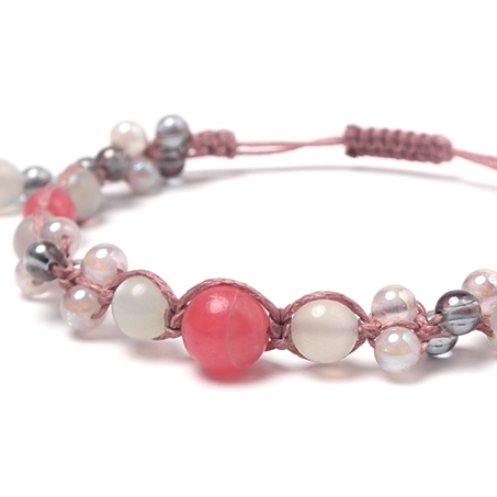インカローズ×シルバームーンストーン×ローズオーラ×オーラクォーツ 天然石 編み込みブレスレット