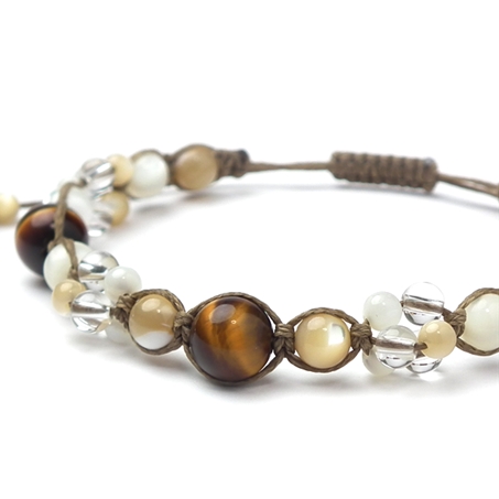 タイガーアイ×マザーオブパール×水晶 天然石 編み込みブレスレット