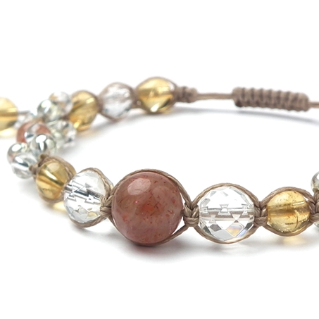 サンストーン×シトリン×水晶×オーラクォーツ 天然石 編み込みブレスレット