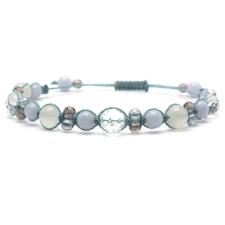 シルバームーンストーン×水晶×ブルーレースアゲート×スモーキークォーツ 天然石編み込みブレスレット 