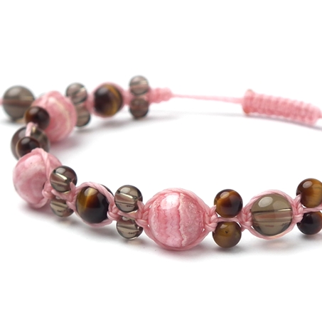 インカローズ×スモーキークォーツ×タイガーアイ 天然石 編み込みブレスレット