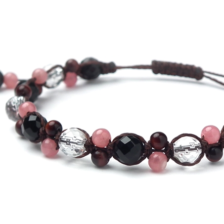 オニキス×インカローズ×レッドタイガーアイ×水晶 天然石 編み込みブレスレット