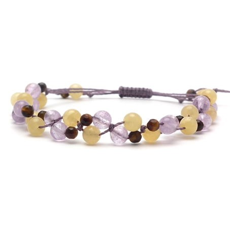 アラゴナイト×タイガーアイ×ラベンダーアメジスト 天然石 編み込みブレスレット 