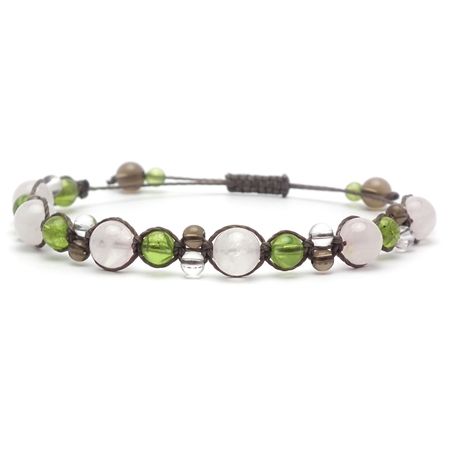 ローズクォーツ×ペリドット×スモーキークォーツ×水晶 天然石編み込みブレスレット 