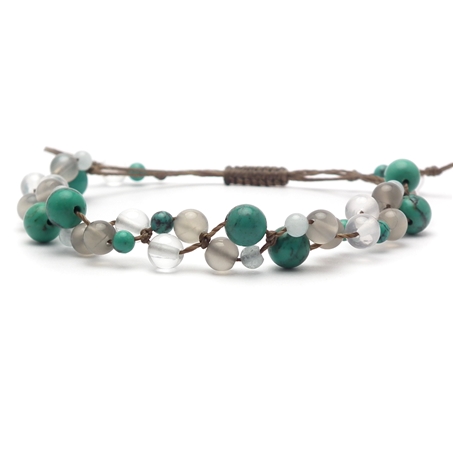 ターコイズ×グレームーンストーン×ミルキークォーツ×アクアマリン 天然石編み込みブレスレット 