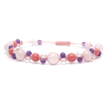 インカローズ×アメジスト×水晶×ローズクォーツ 天然石編み込みブレスレット 