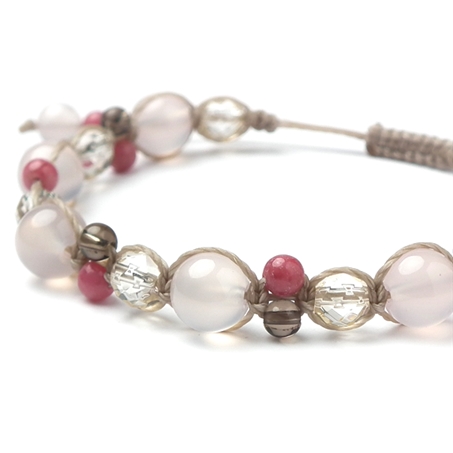 ピンクカルセドニー×スモーキークォーツ×ロードナイト 天然石 編み込みブレスレット