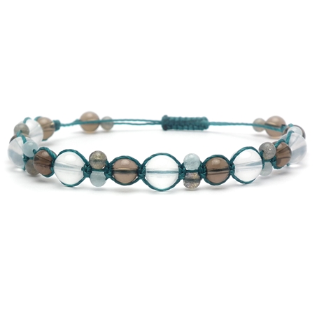 ミルキークォーツ×スモーキークォーツ×ラブラドライト×アクアマリン 天然石編み込みブレスレット 