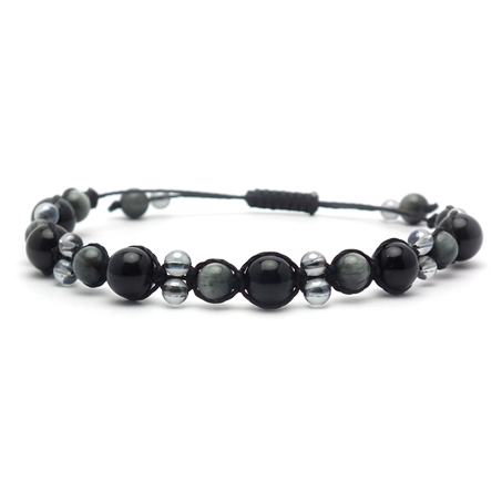 ブルータイガーアイ×イーグルアイ×オーラクォーツ 天然石 編み込みブレスレット 