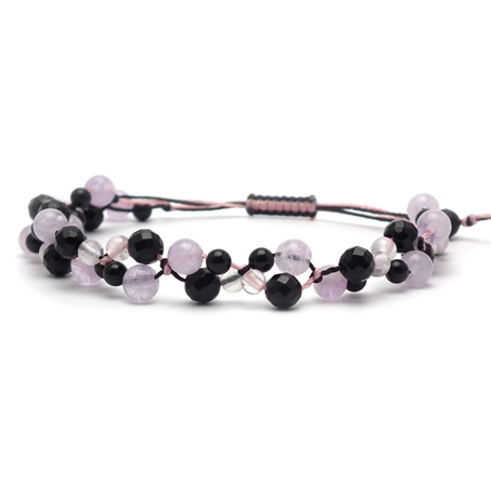 ラベンダーアメジスト×オニキス×ローズクォーツ 天然石編み込みブレスレット 