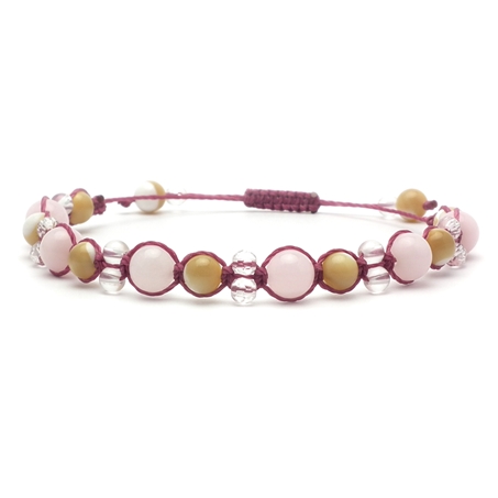 ピンクカルサイト×マザーオブパール×水晶×ミルキークォーツ 天然石 編み込みブレスレット 