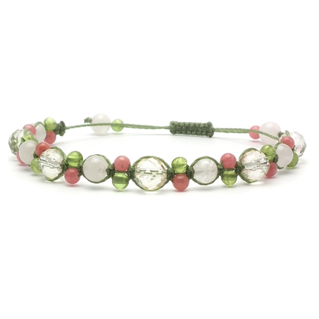シャンパンカラークォーツ×ペリドット×インカローズ×ローズクォーツ 天然石 編み込みブレスレット 