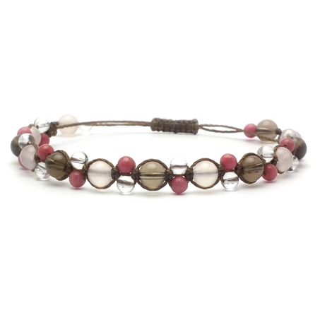 ピンクカルセドニー×ロードナイト×水晶×スモーキークォーツ 天然石 編み込みブレスレット 